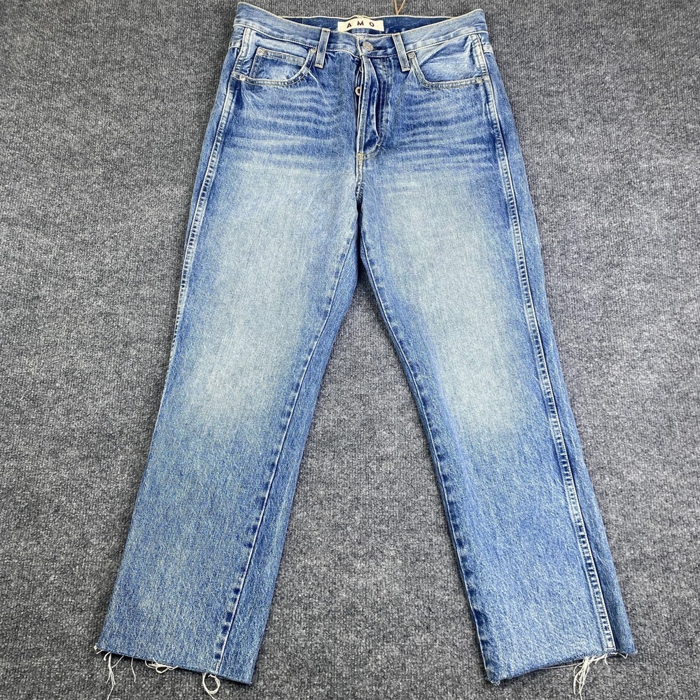 AMO Jeans Womens 28 Blue Loverboy Loved Boyfriend High Rise USA Raw Hem Denim